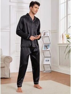 Men Letter Embroidery Contrast Piping Satin PJ Set