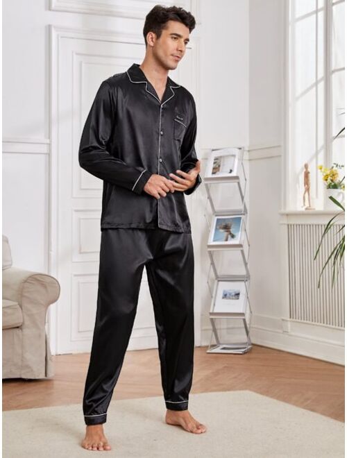Shein Men Letter Embroidery Contrast Piping Satin PJ Set
