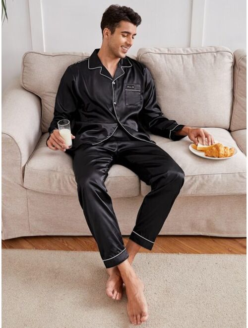 Shein Men Letter Embroidery Contrast Piping Satin PJ Set