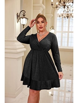 IN'VOLAND Plus Size Womens Glitter Dress V Neck Long Sleeve Ruffle Hem Swing Club Cocktail Party Dresses