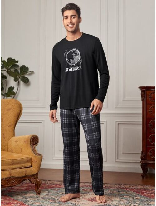 Shein Men Plaid And Letter Graphic PJ Set