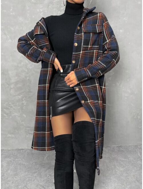 Shein Plaid Print Flap Pocket Drop Shoulder Coat