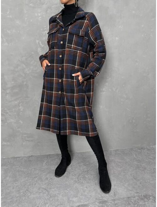 Shein Plaid Print Flap Pocket Drop Shoulder Coat
