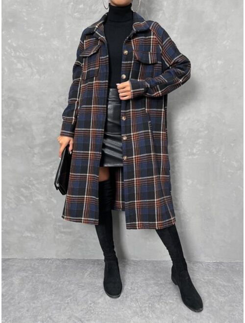 Shein Plaid Print Flap Pocket Drop Shoulder Coat