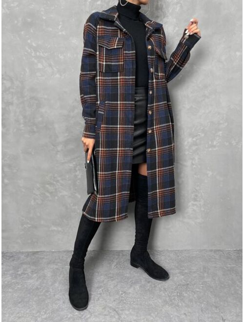 Shein Plaid Print Flap Pocket Drop Shoulder Coat