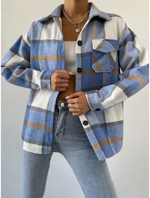 Shein Plaid Flap Pocket Drop Shoulder Coat