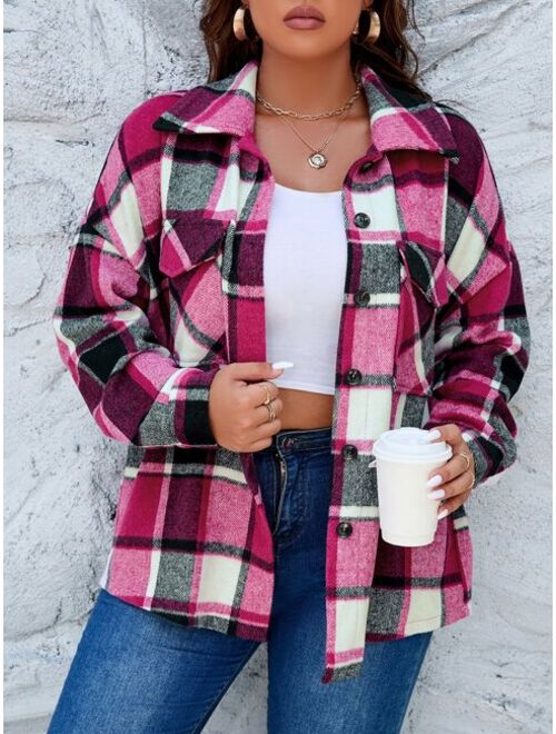 Shein Plus Plaid Print Drop Shoulder Flap Pocket Coat