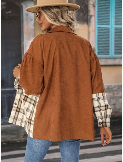 Shein Plaid Patched Pocket Drop Shoulder Corduroy Coat