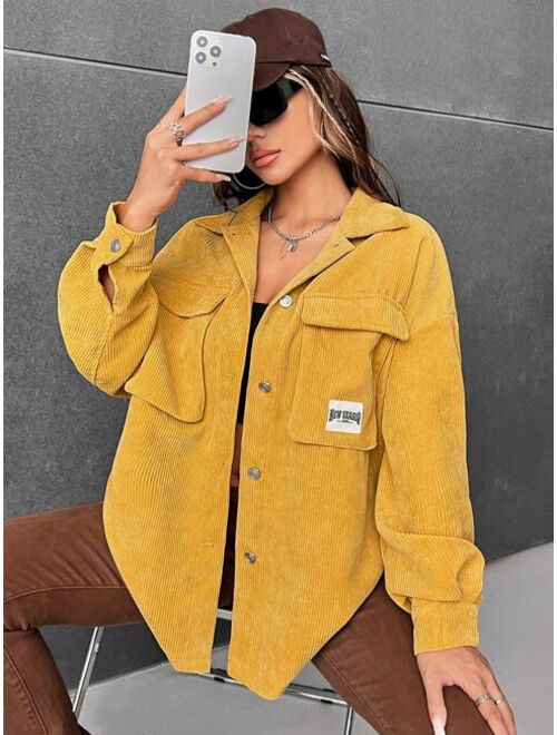 SHEIN EZwear Corduroy Letter Patched Flap Pocket Shacket