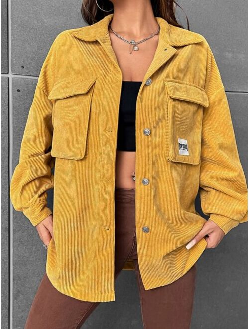 SHEIN EZwear Corduroy Letter Patched Flap Pocket Shacket