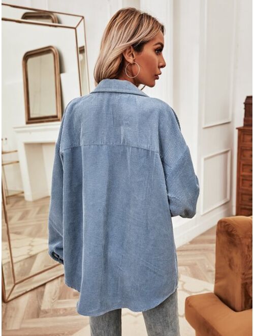 SHEIN Frenchy Solid Flap Pocket Button Up Corduroy Overshirt