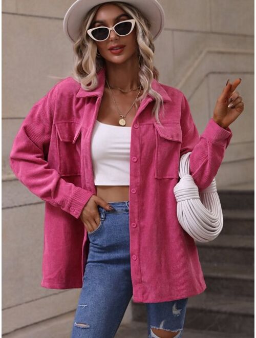 Shein Flap Pocket Drop Shoulder Corduroy Coat