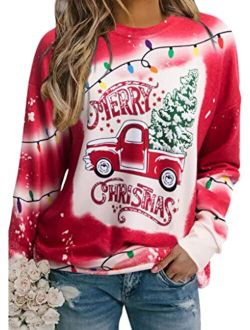 ASTANFY Merry Christmas Sweatshirts for Women Christmas Trees Graphic Shirts Cute Santa Truck Pullovers Xams Long Sleeve Tops