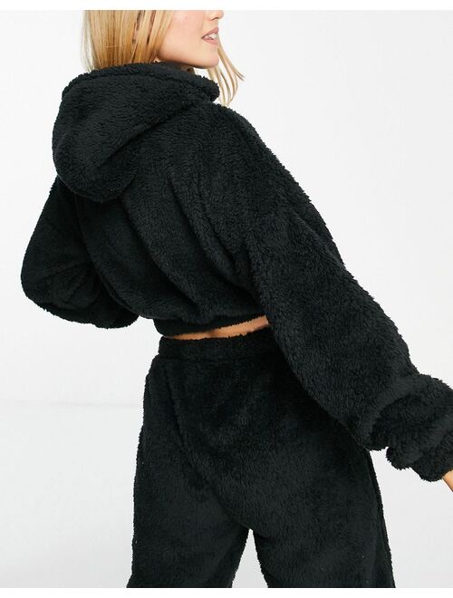 Loungeable sherpa crop hoodie and sweatpants in black