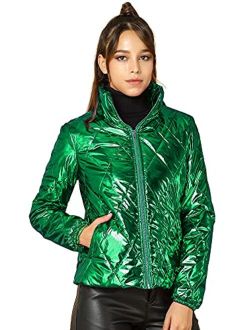 Women's Christmas Holographic Shiny Zipper Metallic Down Puffer Jacket