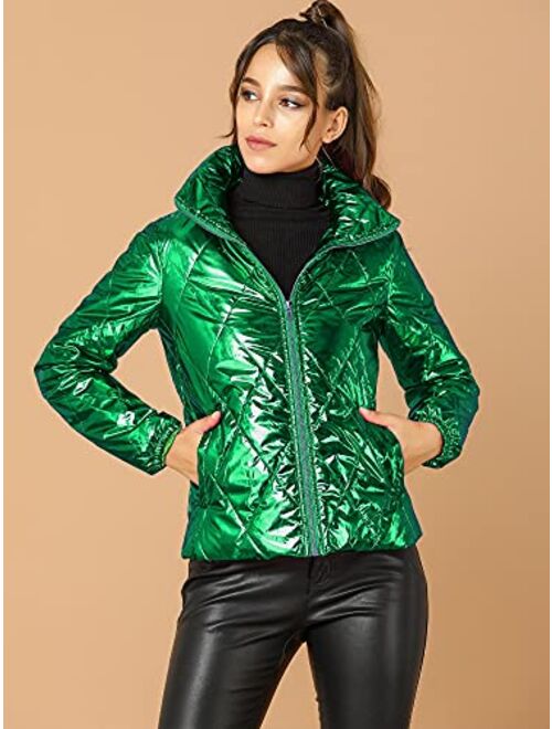 Allegra K Women's Christmas Holographic Shiny Zipper Metallic Down Puffer Jacket