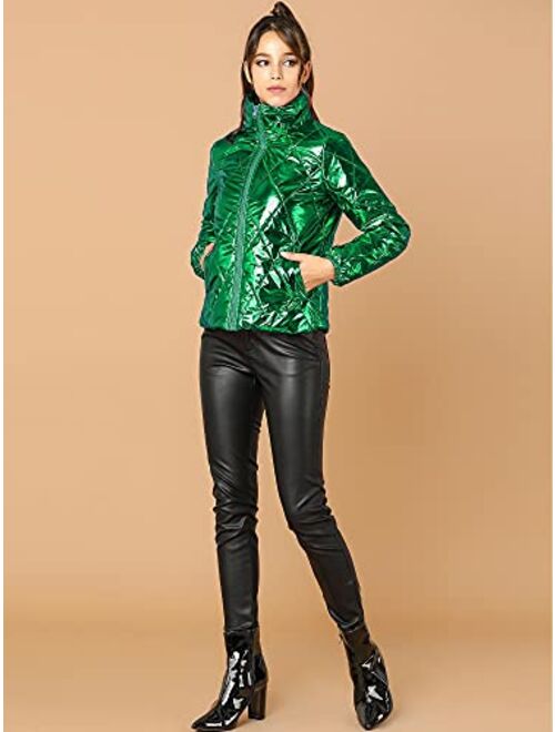 Allegra K Women's Christmas Holographic Shiny Zipper Metallic Down Puffer Jacket