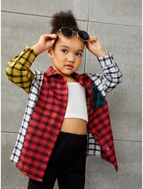 SHEIN Toddler Girls Colorblock Tartan Patched Pocket Drop Shoulder Shirt