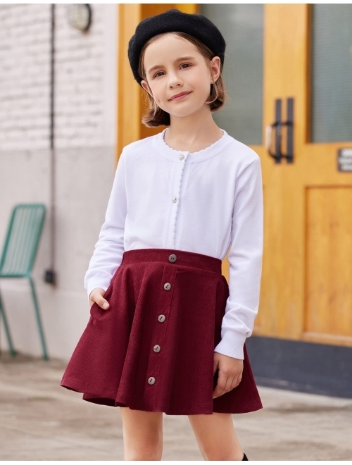 Flypigs Girls Corduroy Skirt with Lining Shorts and Pockets Button Flared Elastic Waist Skirts