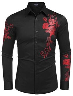 Men's Rose Printed Dress Shirts Slim Fit Long Sleeve Cotton Casual Button Down Shirts for Party