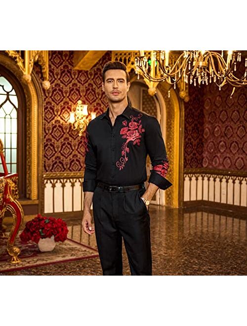 COOFANDY Men's Rose Printed Dress Shirts Slim Fit Long Sleeve Cotton Casual Button Down Shirts for Party