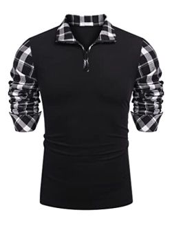 Men's Long Sleeve Polo Shirts Casual Slim Fit Zipper Plaid Polo T Shirts