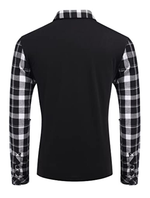 COOFANDY Men's Long Sleeve Polo Shirts Casual Slim Fit Zipper Plaid Polo T Shirts