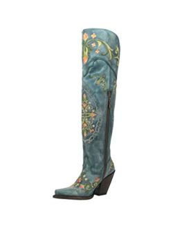 Boots Womens Flower Child Snip Toe Dress Boots Over the Knee High Heel 3" & Up - Blue