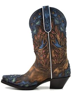 Women's Humming Bird Heart and Floral Inlay Western Boot Snip Toe - Dp4362
