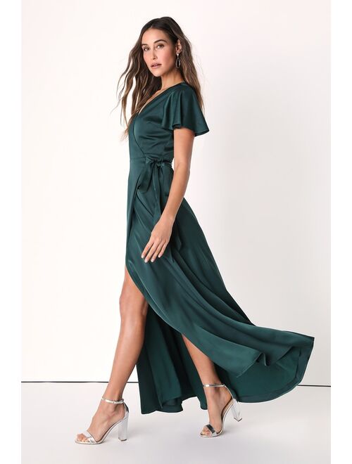 Lulus Effortless Enchantment Green Satin Surplice Wrap Maxi Dress