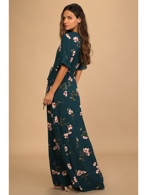 Lulus September Sunsets Dark Teal Floral Print Wrap Maxi Dress