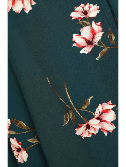 Lulus September Sunsets Dark Teal Floral Print Wrap Maxi Dress
