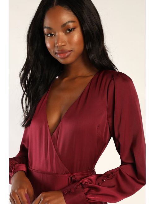 Lulus Eternal Amore Burgundy Long Sleeve Button Cuff Wrap Maxi Dress