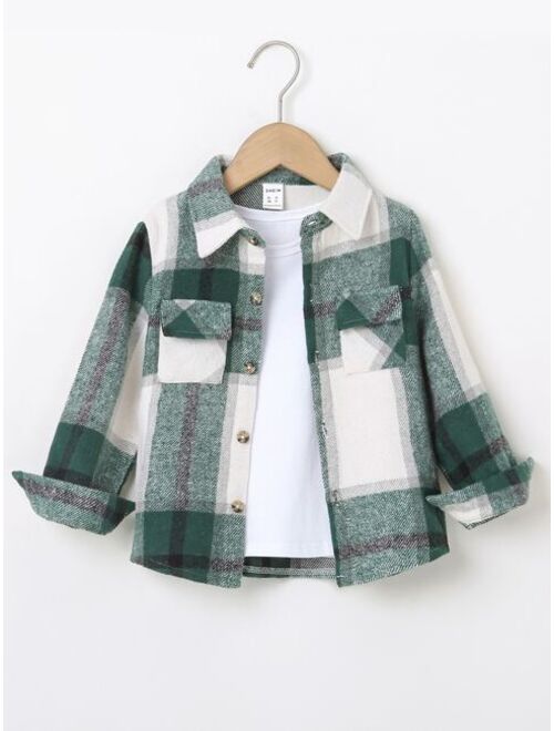 Shein Toddler Boys Plaid Print Flap Pocket Shirt Without Tee