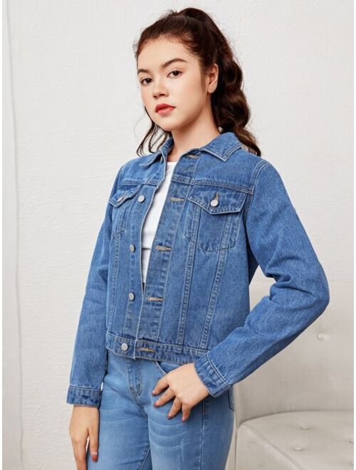 SHEIN Teen Girls Fake Pocket Button Front Denim Jacket