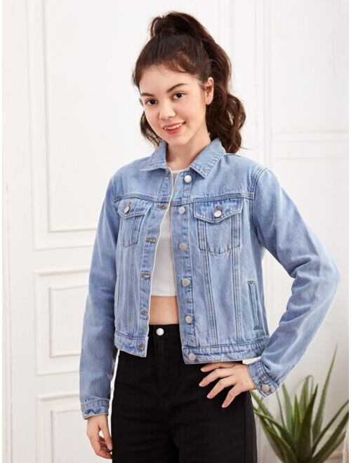 SHEIN Teen Girls Flap Pocket Denim Jacket