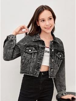 Teen Girls Flap Pocket Raw Hem Denim Jacket