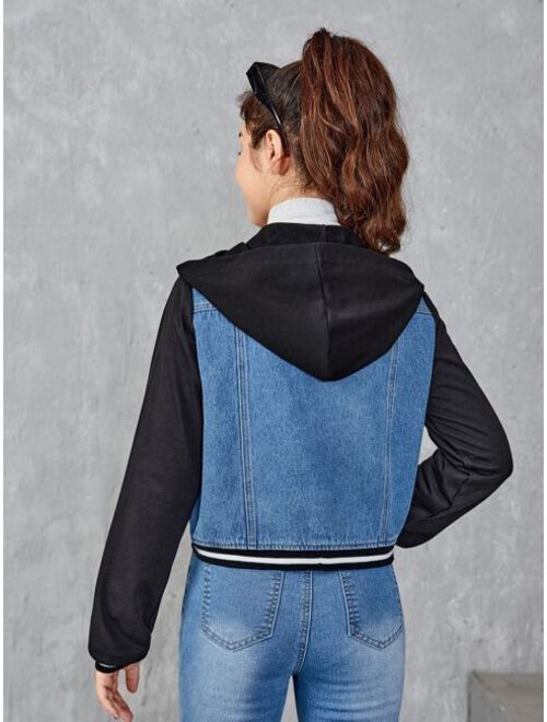 SHEIN Teen Girls Contrast Sleeve Hooded Denim Jacket