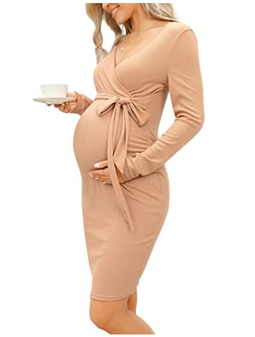 Coolmee Maternity Sweater Long Sleeve Bodycon Wrap Dress V Neck Nursing Fall Casual Mini Dress Baby Shower Photoshoot Belt