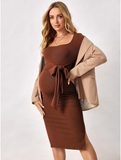 OYOANGLE Women's Maternity Rib Knit Split Hem Knot Front Square Neck Long Sleeve Bodycon Midi Dress