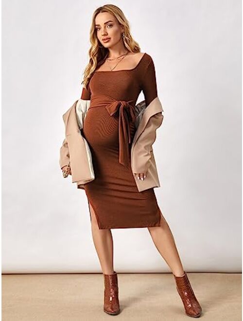 OYOANGLE Women's Maternity Rib Knit Split Hem Knot Front Square Neck Long Sleeve Bodycon Midi Dress