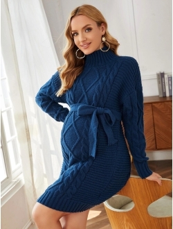 Maternity Cable Knit Belted Sweater Dress