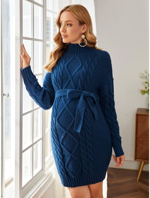 SHEIN Maternity Cable Knit Belted Sweater Dress