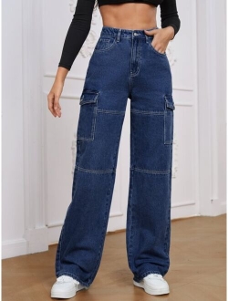 High Waist Flap Pocket Whip Stitch Jeans