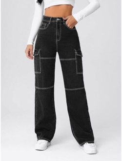 High Waist Flap Pocket Whip Stitch Jeans
