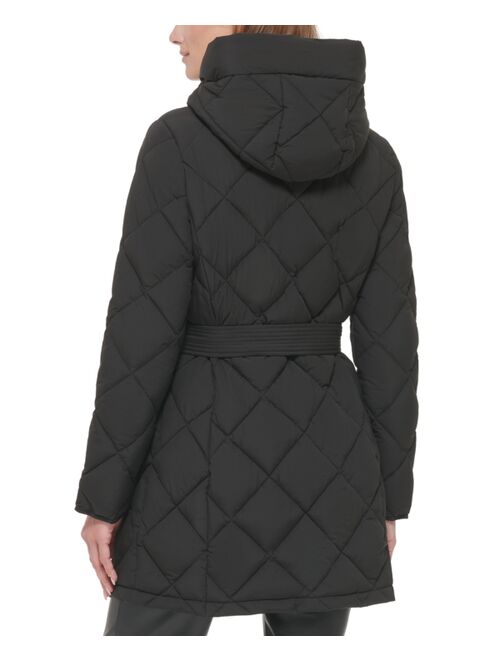 CALVIN KLEIN Women's Hooded Belted Diamond Quilted Coat