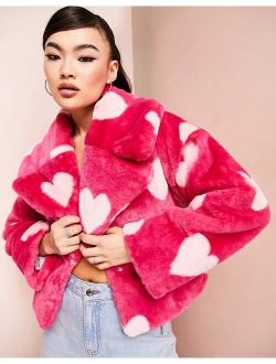 ASOS LUXE fitted short faux fur coat in pink hearts