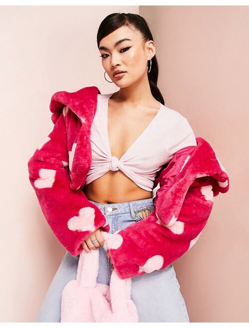 ASOS LUXE fitted short faux fur coat in pink hearts
