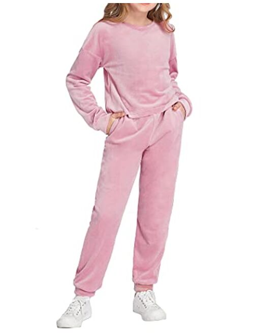 Arshiner Girls 2 Piece Outfits Kids Velour Sweatshirts & Sweatpants Loungewear Clothing Sets