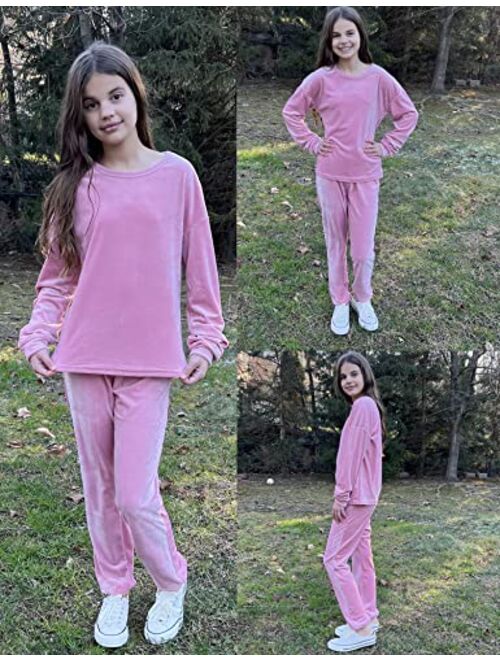 Arshiner Girls 2 Piece Outfits Kids Velour Sweatshirts & Sweatpants Loungewear Clothing Sets